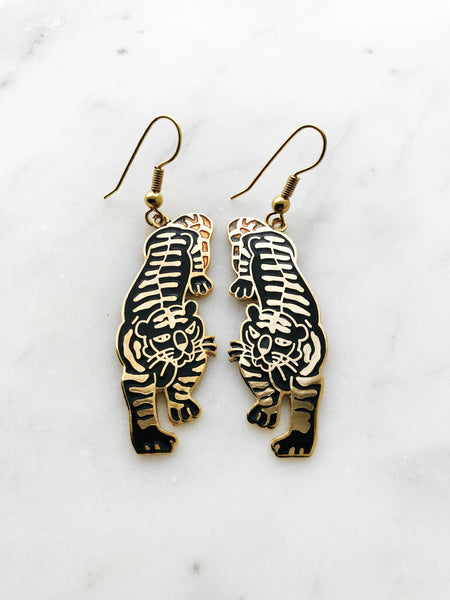 Vintage Cloisonne Black Tiger Earrings