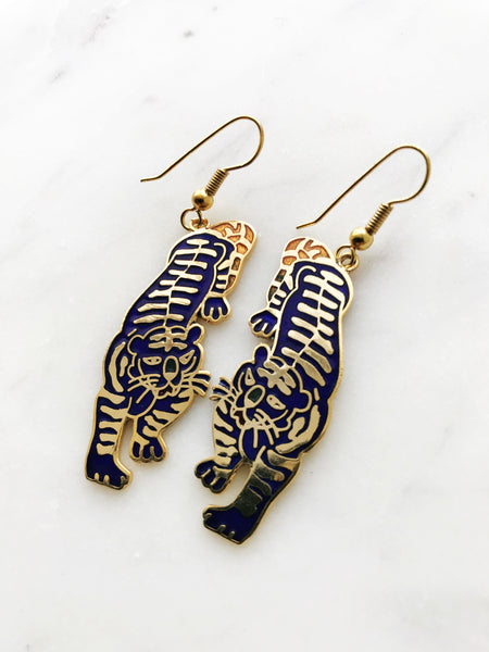 Vintage Cloisonne Blue Tiger Earrings