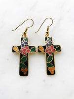 Vintage Cloisonne Black Cross Earrings