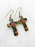 Vintage Cloisonne Black Cross Earrings