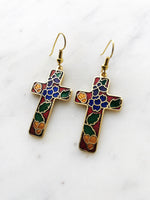 Vintage Cloisonne Red Cross Earrings