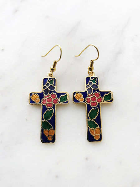 Vintage Cloisonne Blue Cross Earrings