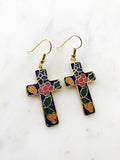 Vintage Cloisonne Blue Cross Earrings