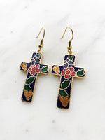 Vintage Cloisonne Blue Cross Earrings