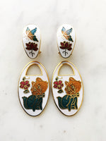 Cloisonne White Kitten Earrings