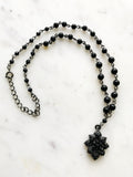 Vintage Black Beaded Crystal Flower Necklace