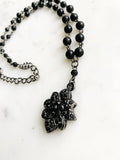 Vintage Black Beaded Crystal Flower Necklace