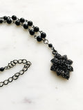 Vintage Black Beaded Crystal Flower Necklace