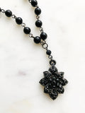 Vintage Black Beaded Crystal Flower Necklace