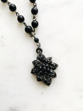 Vintage Black Beaded Crystal Flower Necklace