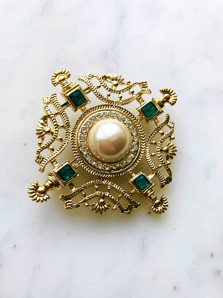 Vintage Crystal, Pearl & Enamel Brooch