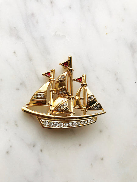 Vintage Crystal Boat Brooch