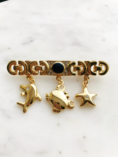 Vintage Enamel Crab, Starfish & Dolphin Brooch