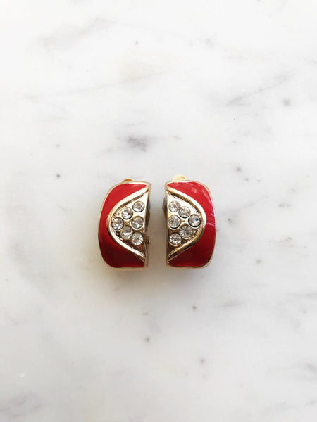 Red Enamel Crystal Clip On Earrings