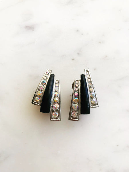 Vintage Art Deco Crystal and Black Enamel Earrings