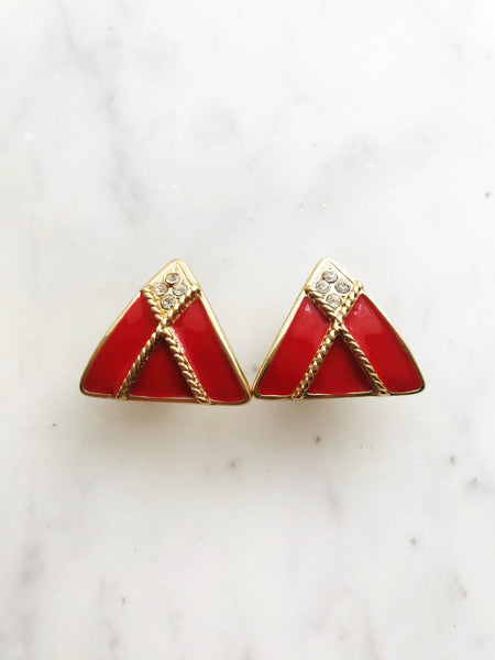 Vintage Gold & Red Enamel and Crystal Earrings