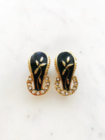 Vintage Black and Gold Enamel Crystal Earrings