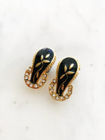 Vintage Black and Gold Enamel Crystal Earrings