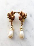 Vintage Retro Golden Enamel & Pearl Earrings