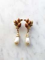 Vintage Retro Golden Enamel & Pearl Earrings