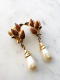 Vintage Retro Golden Enamel & Pearl Earrings