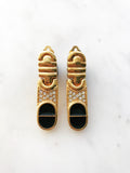 Vintage Art Deco Black Enamel & Crystal Clip On Earrings