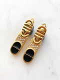 Vintage Art Deco Black Enamel & Crystal Clip On Earrings