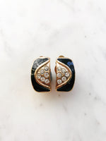 Vintage Black Enamel Crystal Clip on Earrings