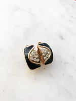 Vintage Black Enamel Crystal Clip on Earrings