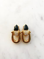 Vintage Art Deco Black Enamel & Crystal Clip On Earrings