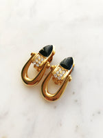 Vintage Art Deco Black Enamel & Crystal Clip On Earrings