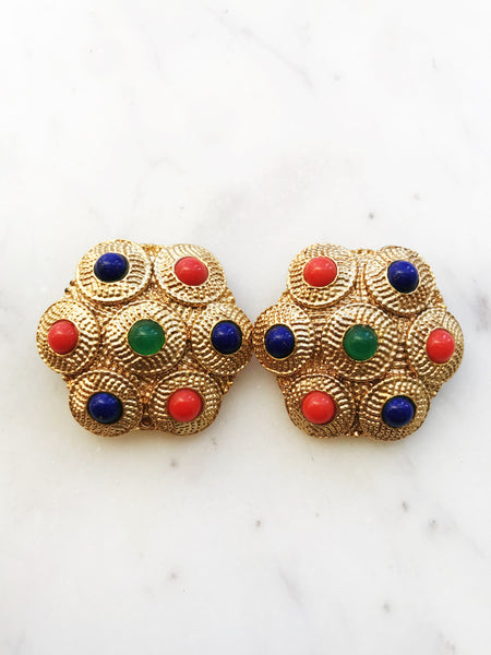 Vintage Retro Glass Cabochon Clip On Earrings