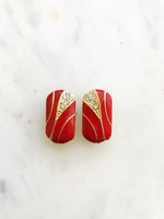 Vintage Art Deco Red Enamel & Crystal Clip on Earrings