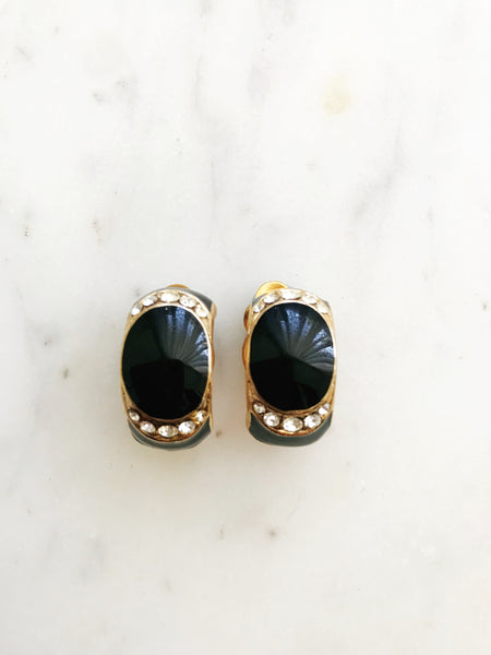 Vintage Black Enamel Half Huggie Crystal Clip On Earrings