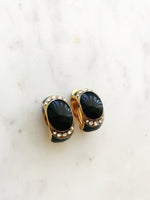 Vintage Black Enamel Half Huggie Crystal Clip On Earrings