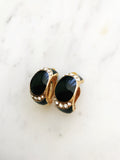 Vintage Black Enamel Half Huggie Crystal Clip On Earrings