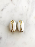 Vintage Art Deco Cream Enamel & Crystal Clip on Earrings