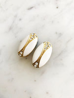 Vintage Art Deco Cream Enamel & Crystal Clip on Earrings