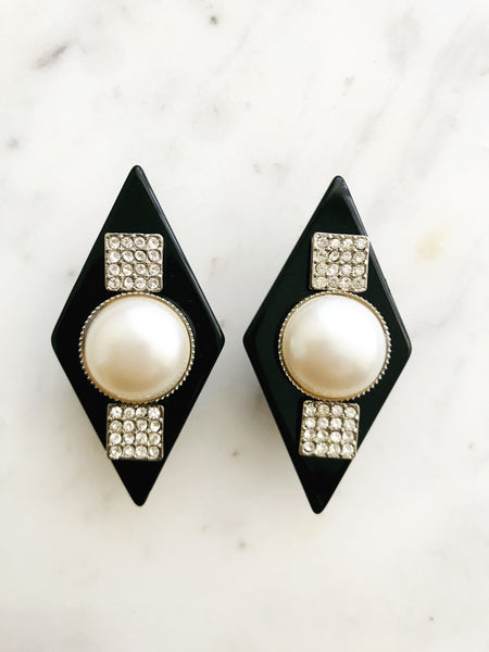 Vintage Art Deco Crystal & Pearl Clip on Earrings