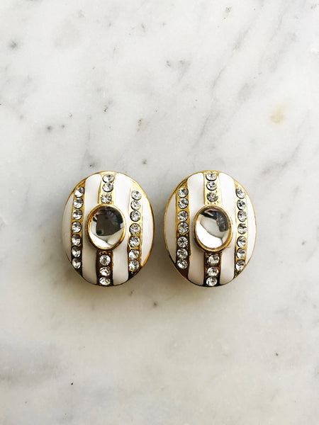 Cream Enamel Crystal Clip on Earrings