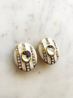 Cream Enamel Crystal Clip on Earrings