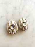 Cream Enamel Crystal Clip on Earrings