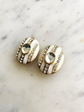 Cream Enamel Crystal Clip on Earrings