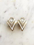 Vintage Retro White Enamel & Crystal Clip on Earrings