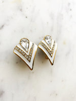 Vintage Retro White Enamel & Crystal Clip on Earrings