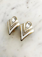 Vintage Retro White Enamel & Crystal Clip on Earrings