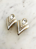 Vintage Retro White Enamel & Crystal Clip on Earrings